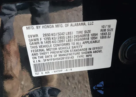 2016 Honda Pilot Ex-L z USA, uszkodzony, nr VIN 5FNYF6H5XGB123143